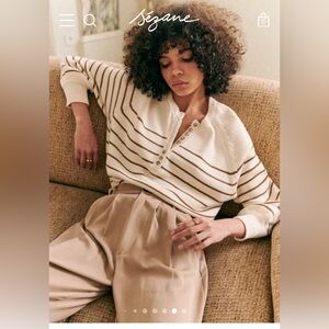 Sezane Leontine Henley striped sweater in ecru camel